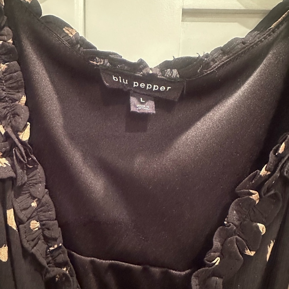 Blu Pepper Ruffles & Gold Print V NeckMini Dress Party Event Festival Sz L - Picture 3 of 5